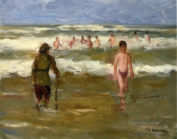 Los niños bañándose con el guardián de la playa 1907 Max Liebermann Impresionismo alemán Pinturas al óleo